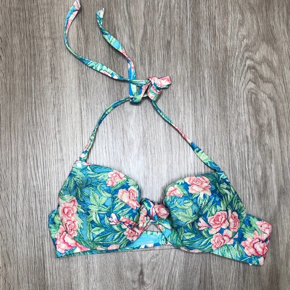 H&M Women's Blue Multi Floral Knot Front Halter Underwire Bikini Swim Top sz 34A - Picture 1 of 2